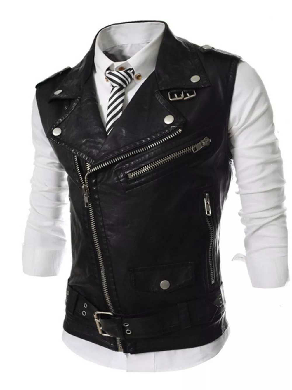 Men's Plus Size Asymmetrical Zipper Adjustable Belt Buckle Vest, image 2