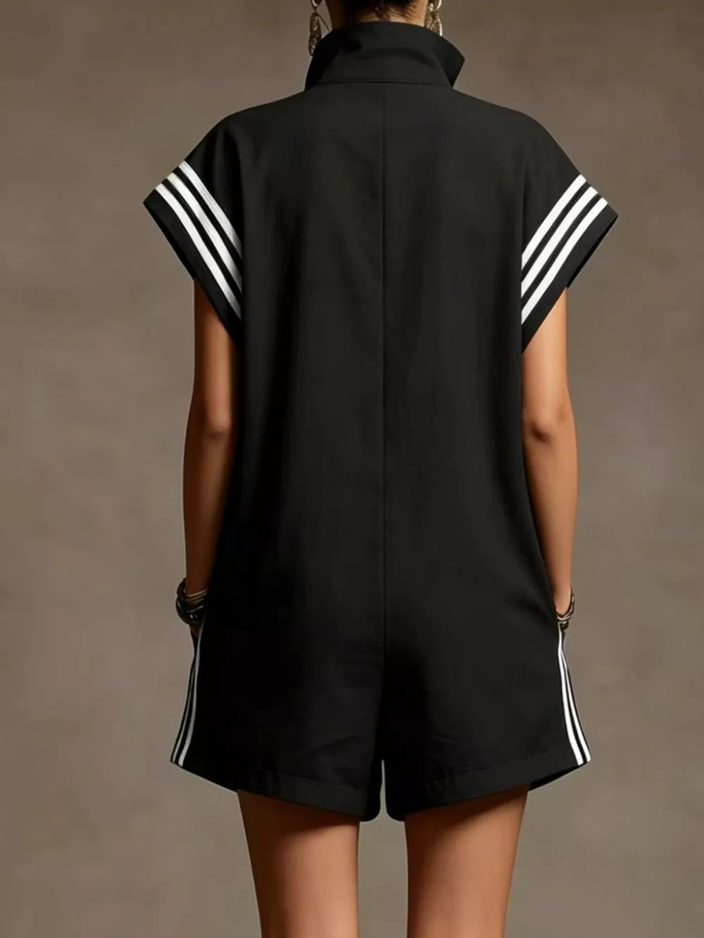 Striped Zip Front Short Sleeve Romper, image 3