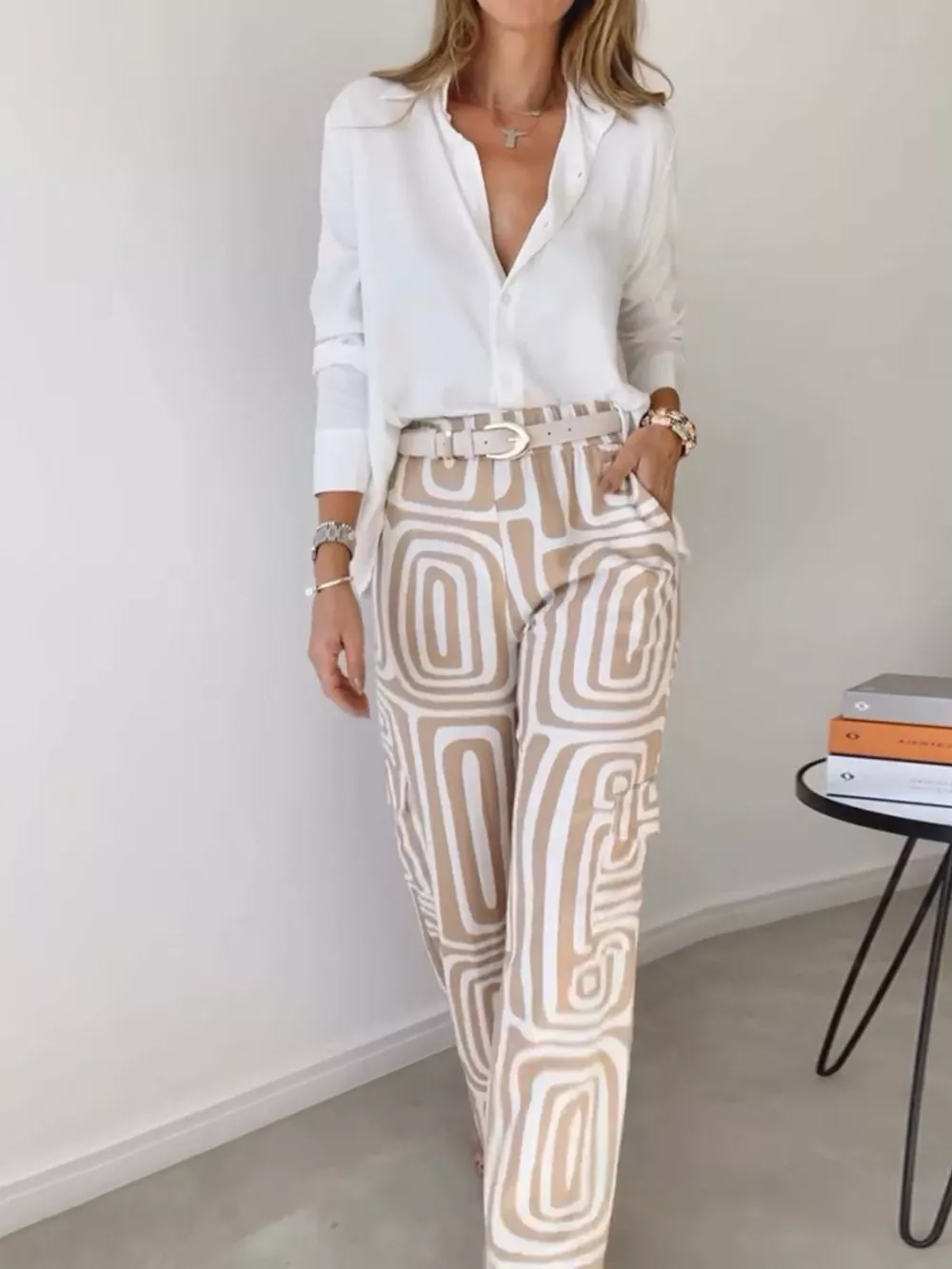 Full Size Chic Button-Down Shirt and Geometric Wide-Leg Pants Set Plus Size, image 2
