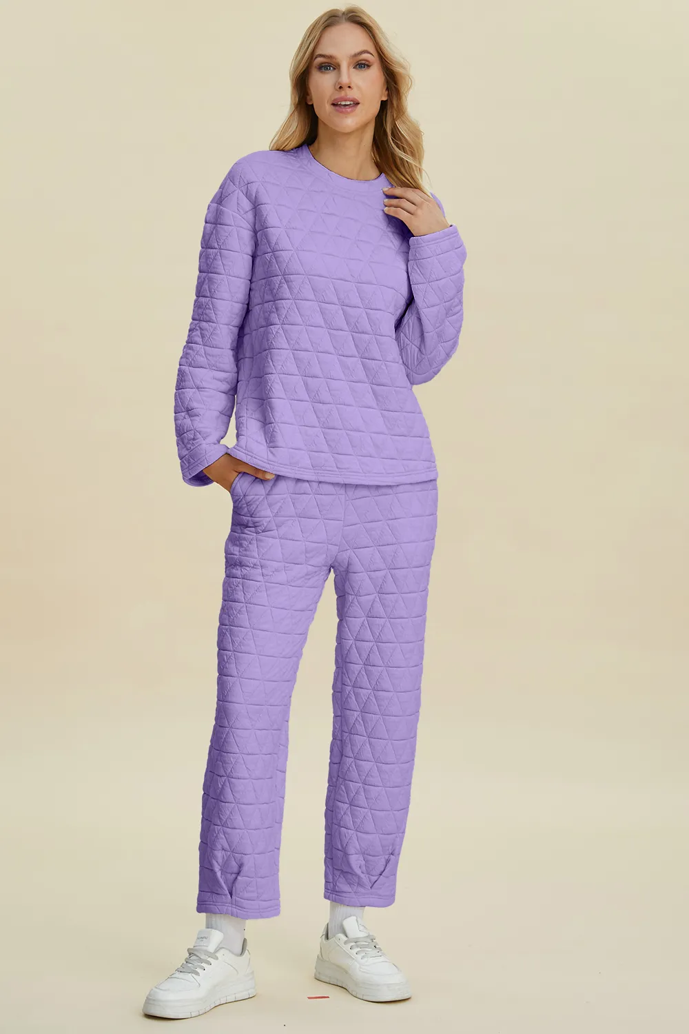 Full Size Texture Round Neck Long Sleeve Top and Pants Set, image 4