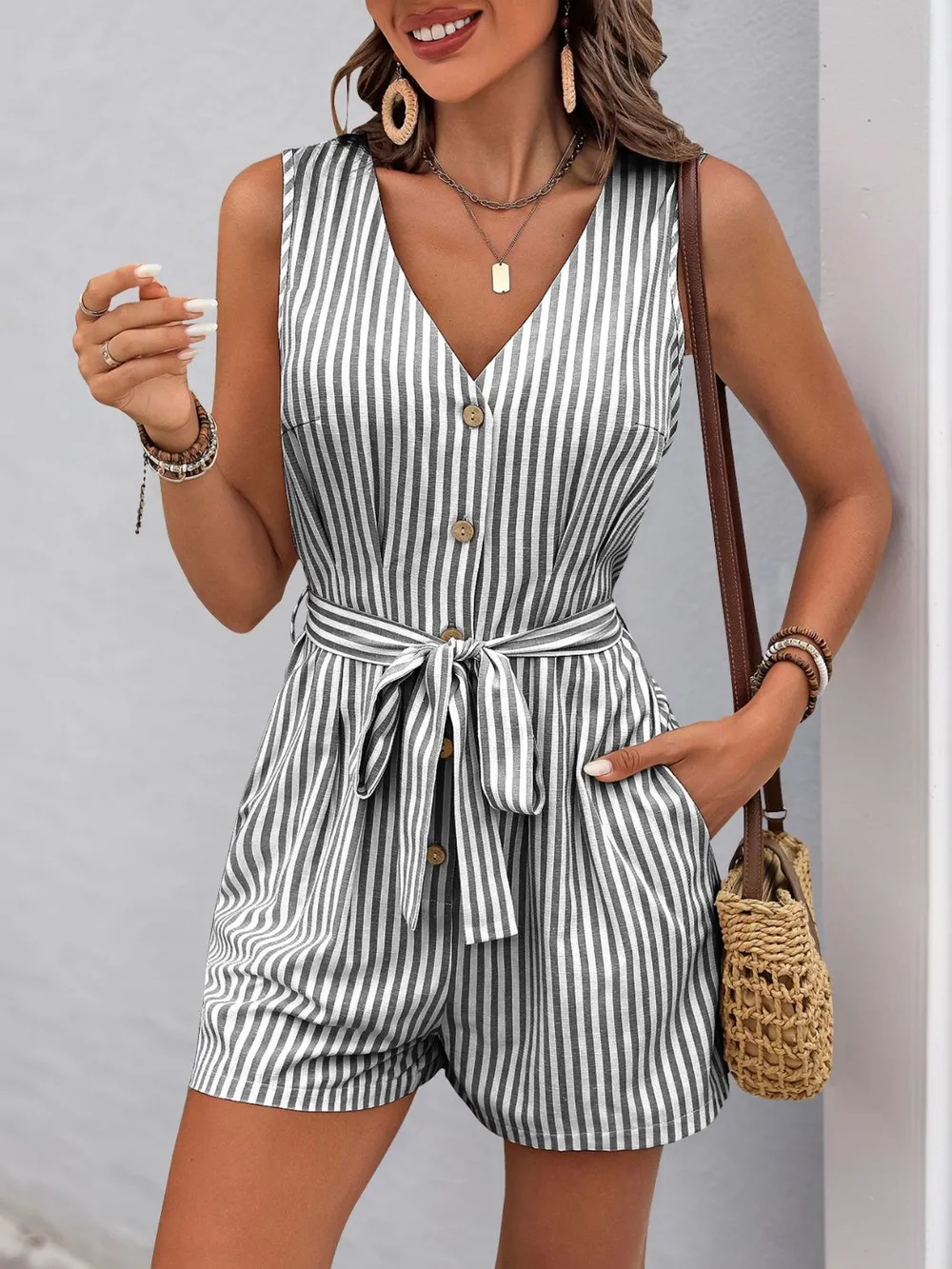 Striped V-Neck Tie Waist Romper, image 2
