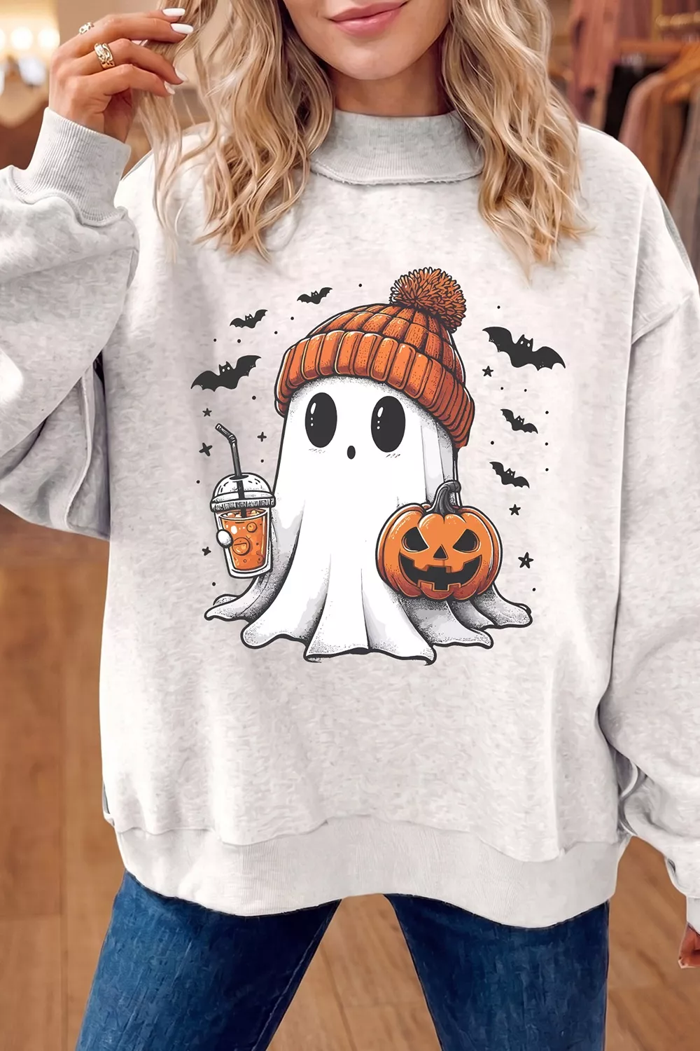 Reversible Halloween Graphic Mock Neck Tunic Sweatshirt, image 6