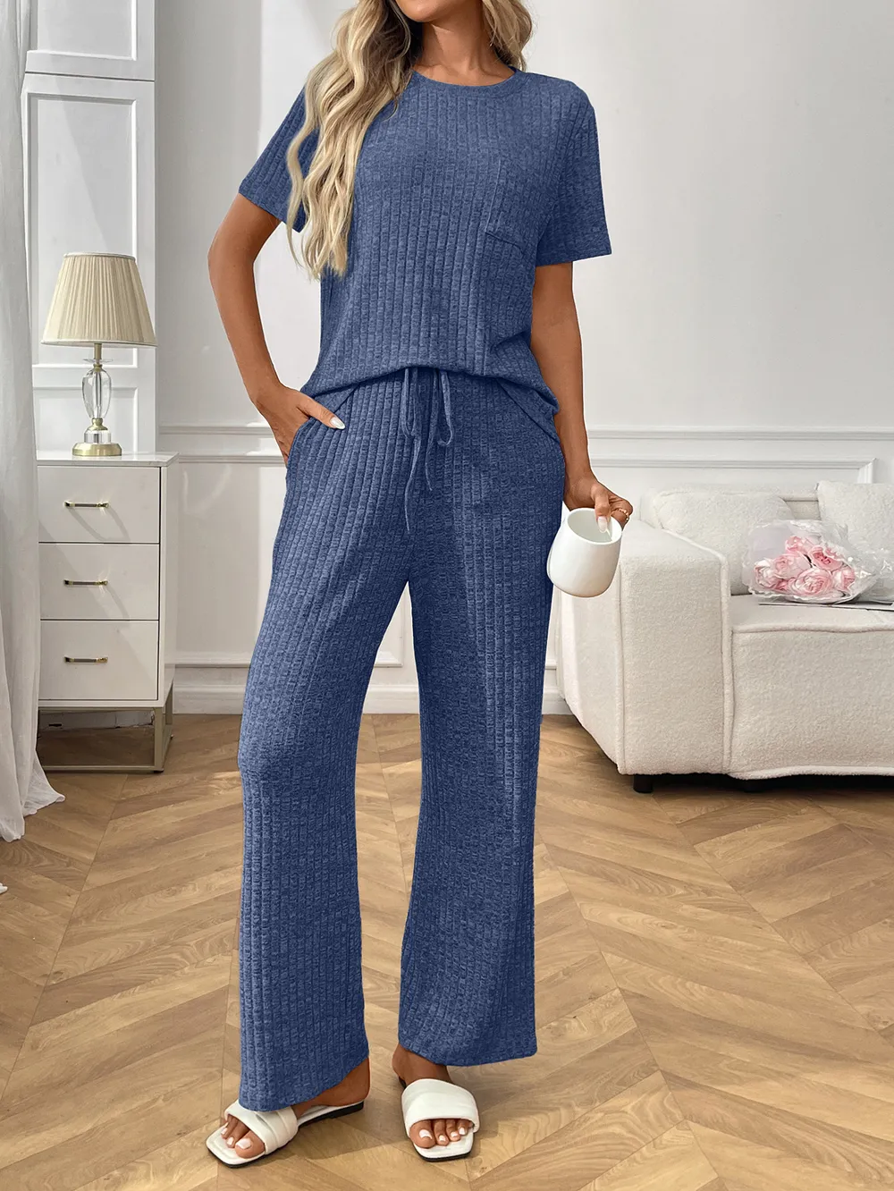 Ribbed Knit Short Sleeve Top and Pants Lounge Set, image 2