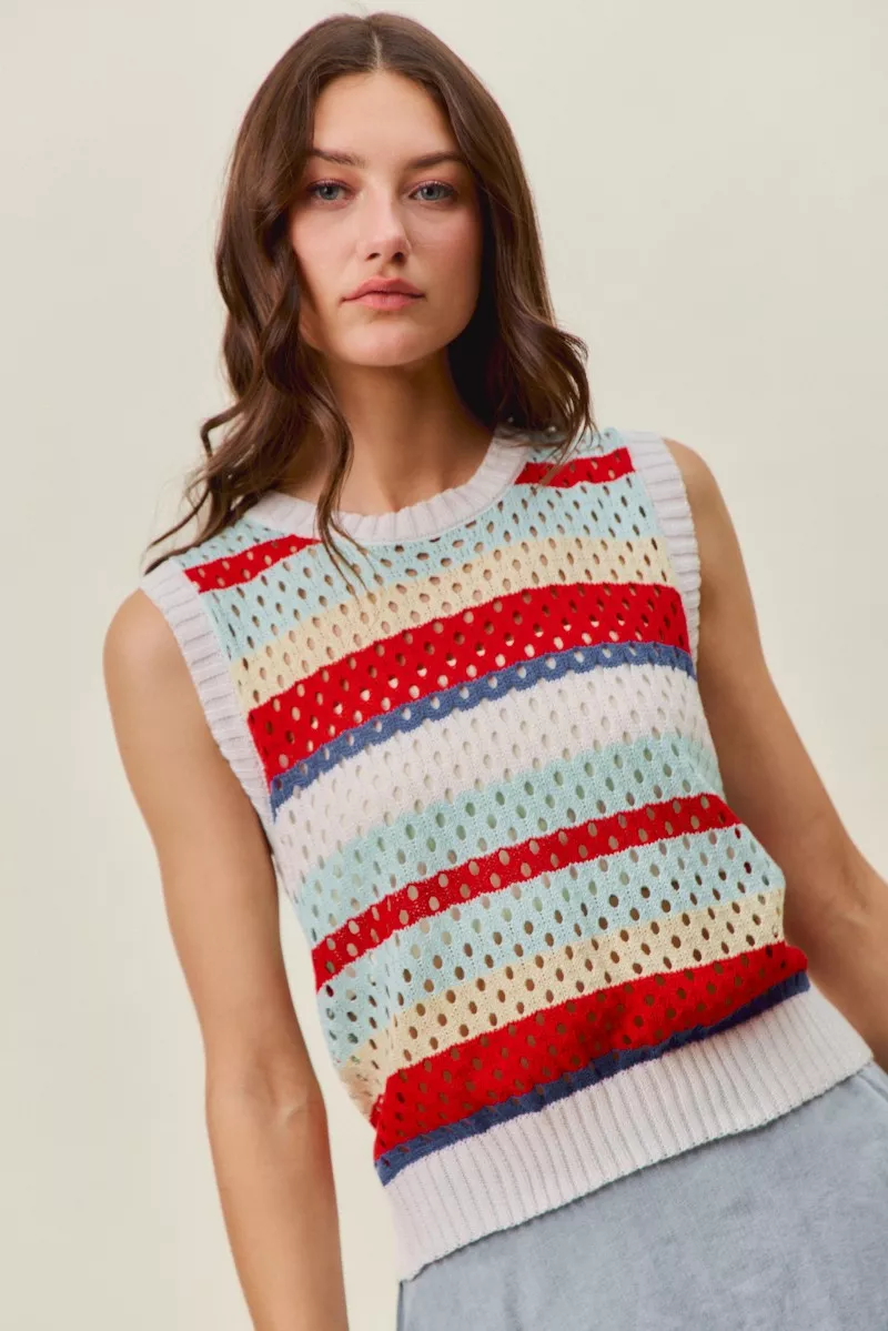 Tie Back Multi Stripe Sweater Knit Tank Top, image 9