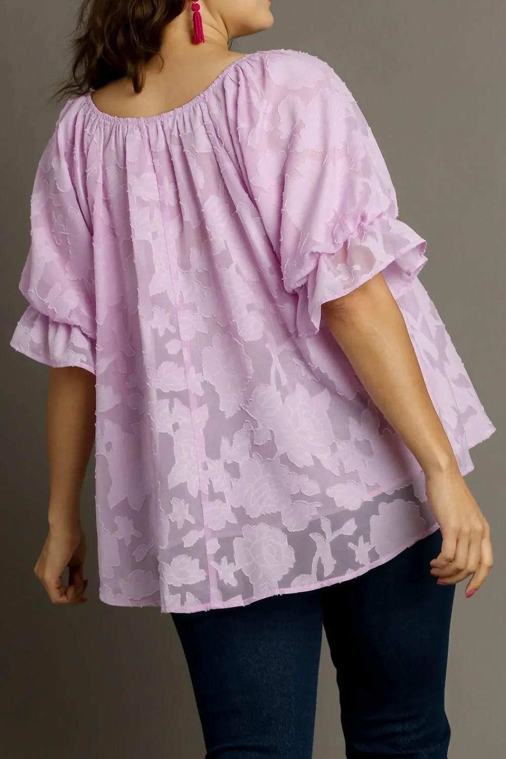 Full Size Jacquard Round Neck Ruffled Puff Sleeve Blouse Plus Size, image 2