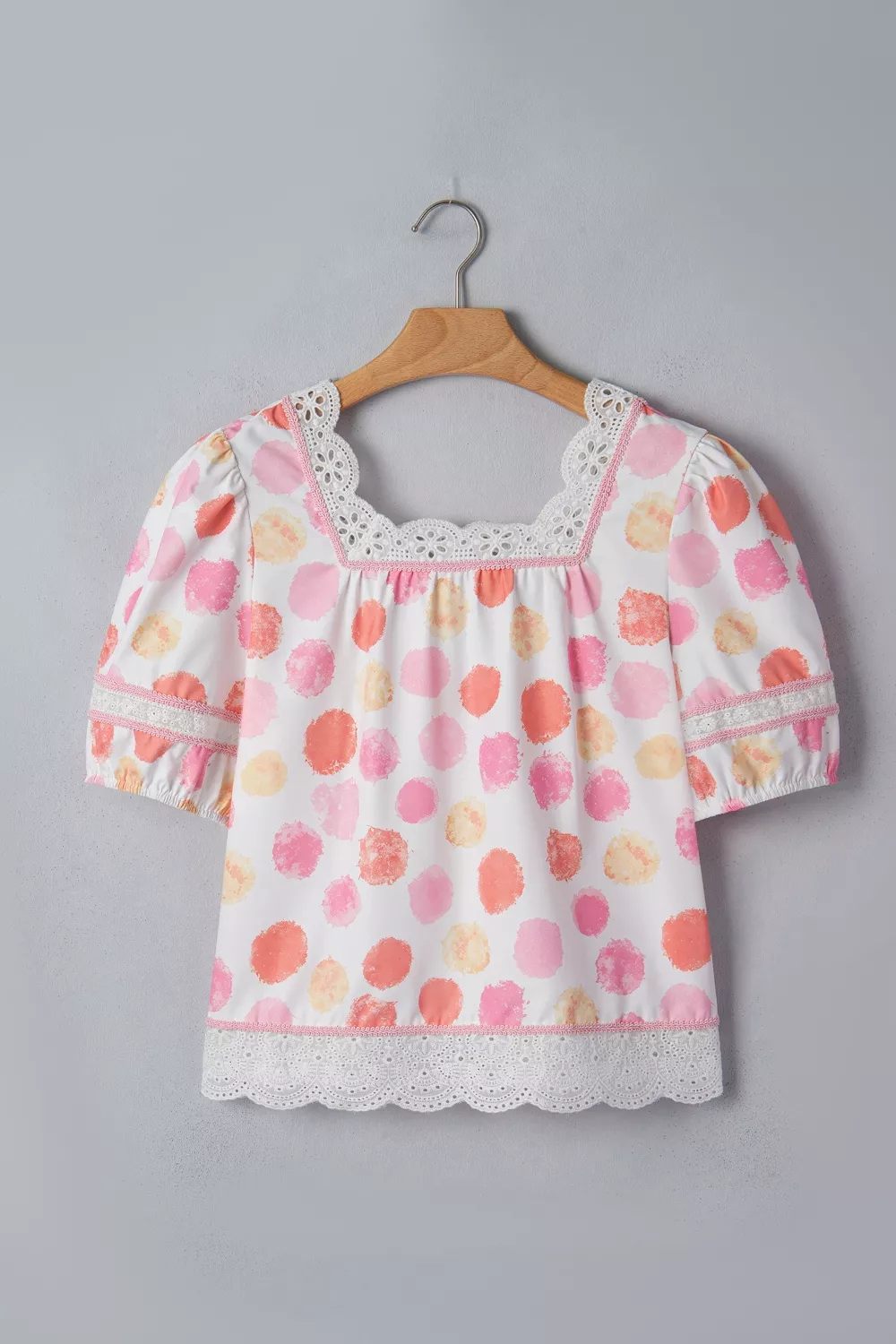 Polka Dot Lace Trim Square Neck Puff Sleeve Blouse, image 8
