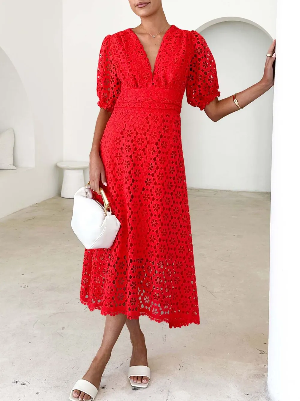 Eyelet Lace V-Neck Midi Dress with Puff Sleeves, image 2