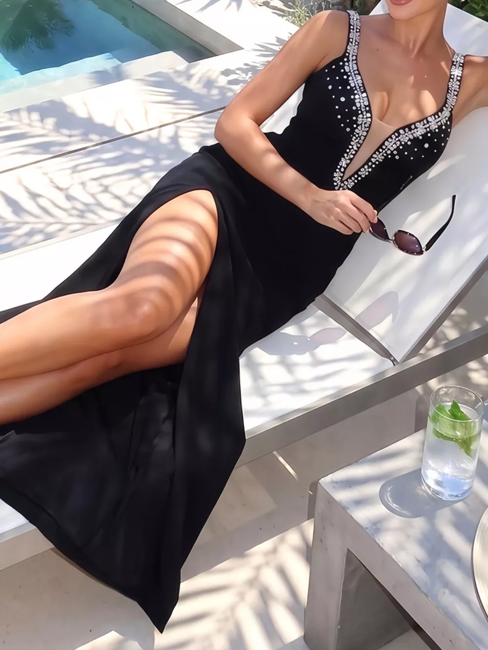 Rhinestone Cutout Back High Slit Maxi Dress, image 7