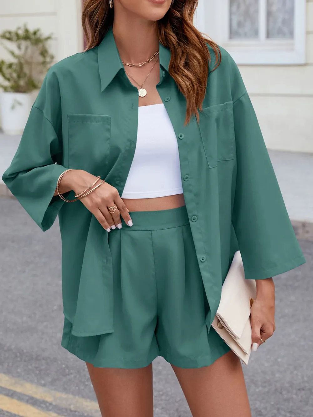Button Up Long Sleeve Top and Shorts Set, image 15