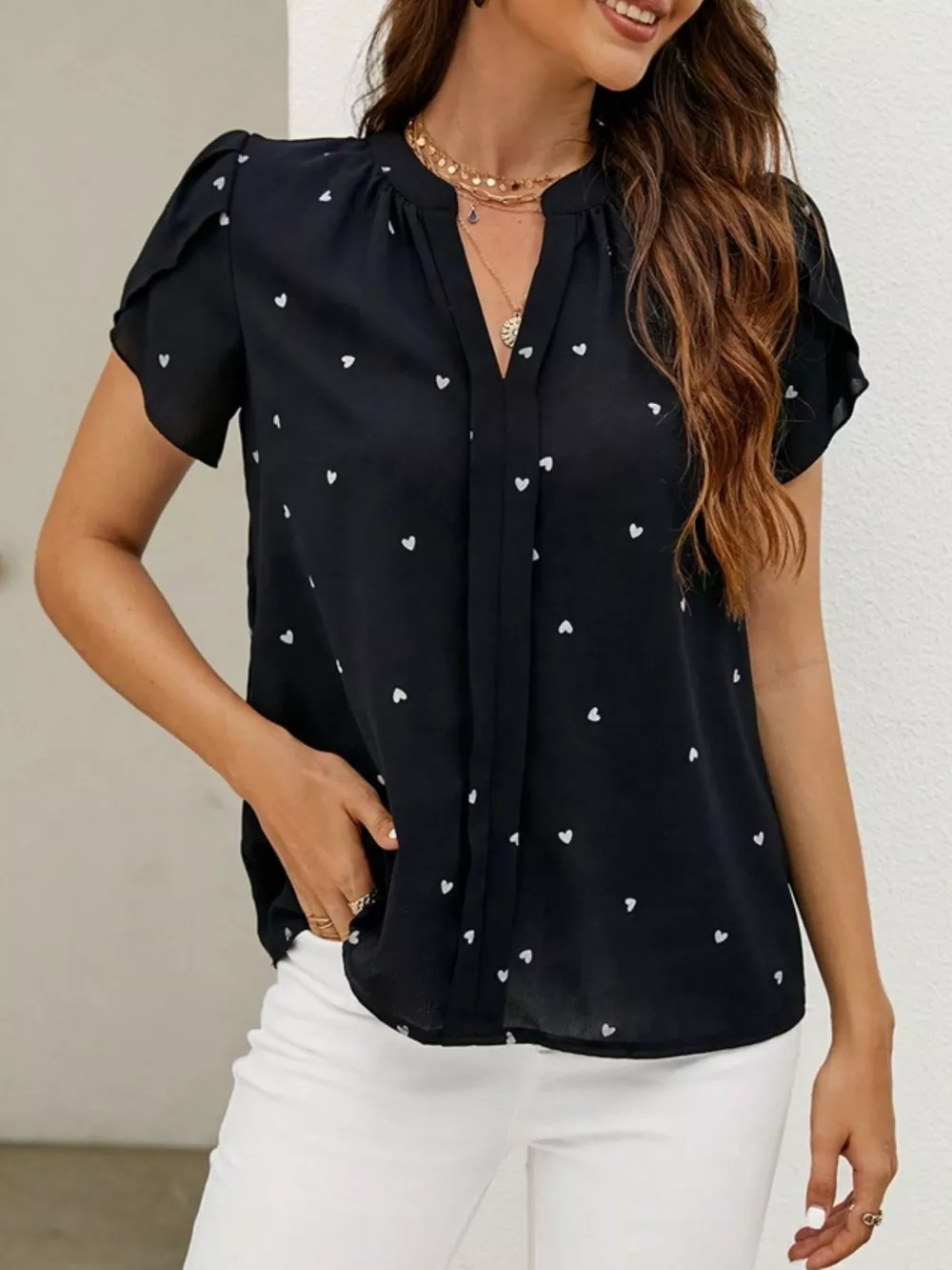 Heart Print Petal Sleeve Blouse, image 3
