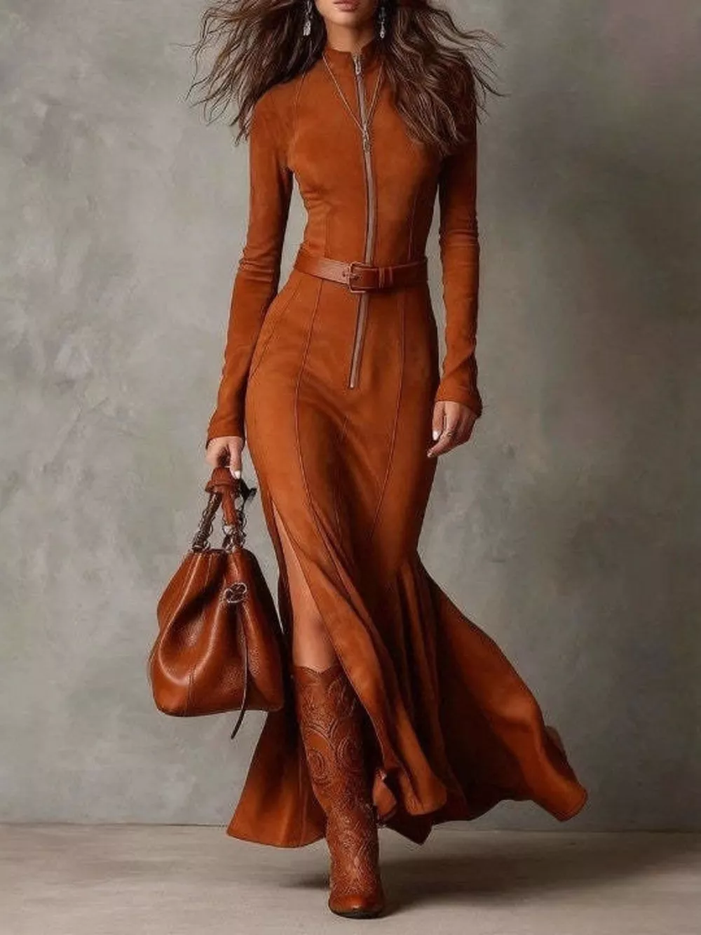 Full Size Slit Zip Front Long Sleeve Dress Plus Size, image 2