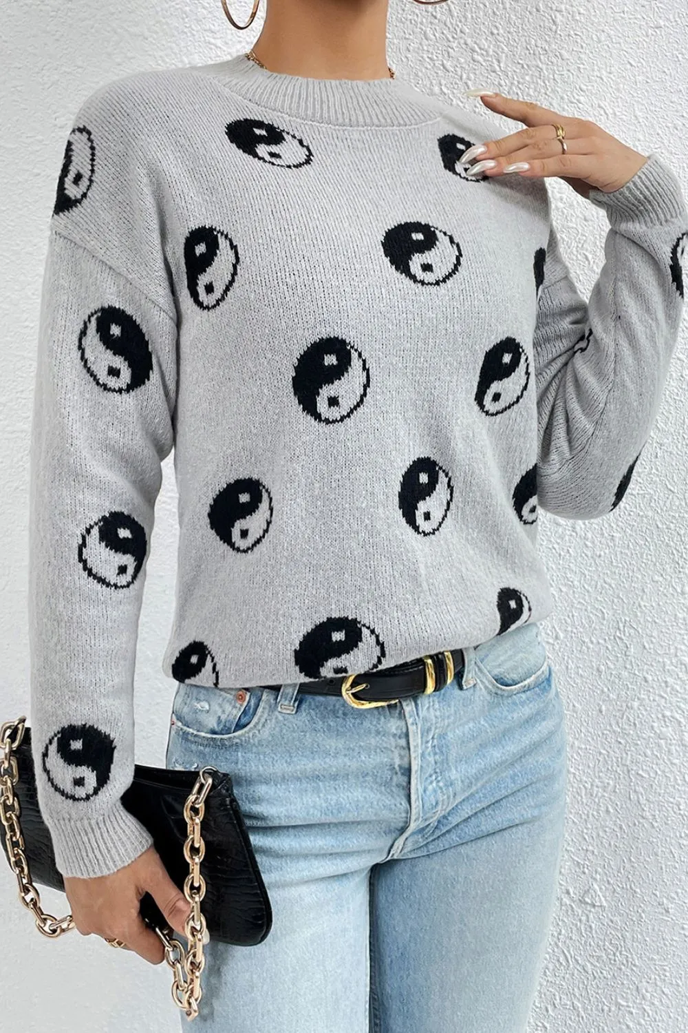 Graphic Mock Neck Dropped Shoulder Sweater, image 13