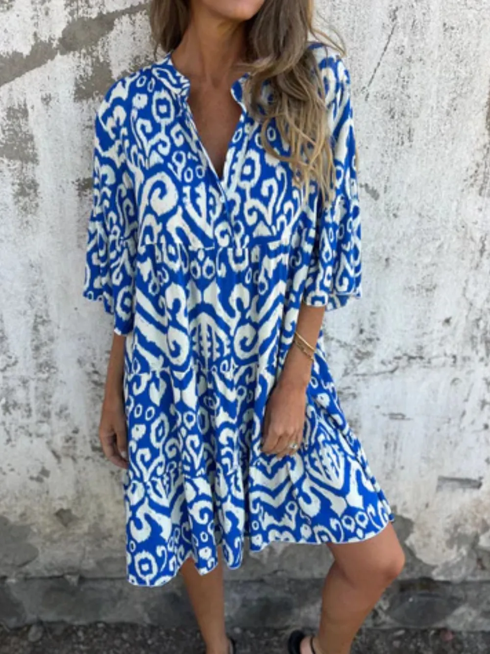 Full Size Printed Notched Half Sleeve Dress Plus Size, image 2