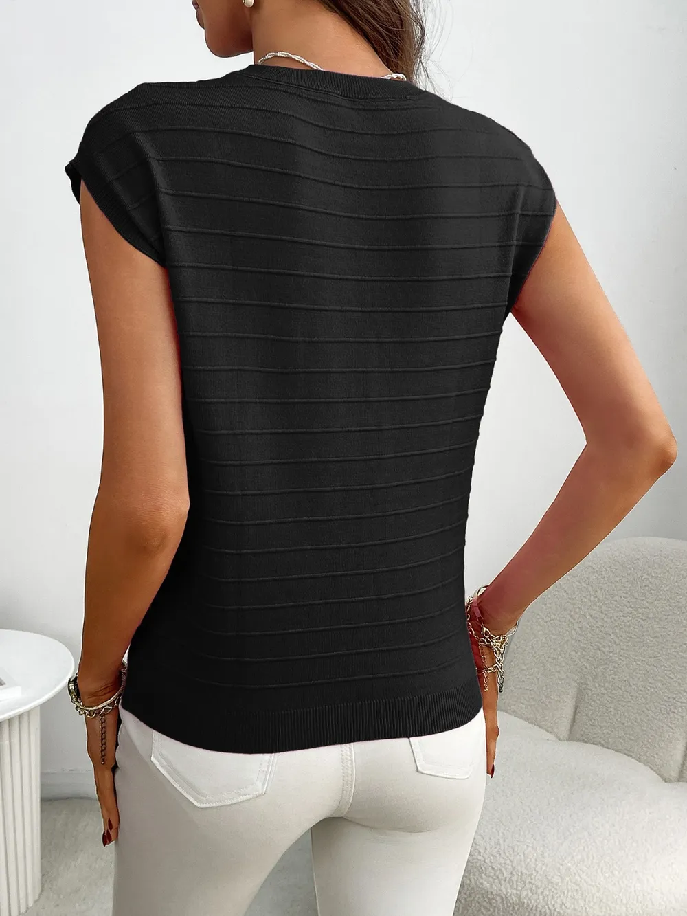 Round Neck Cap Sleeve Knit Top, image 9