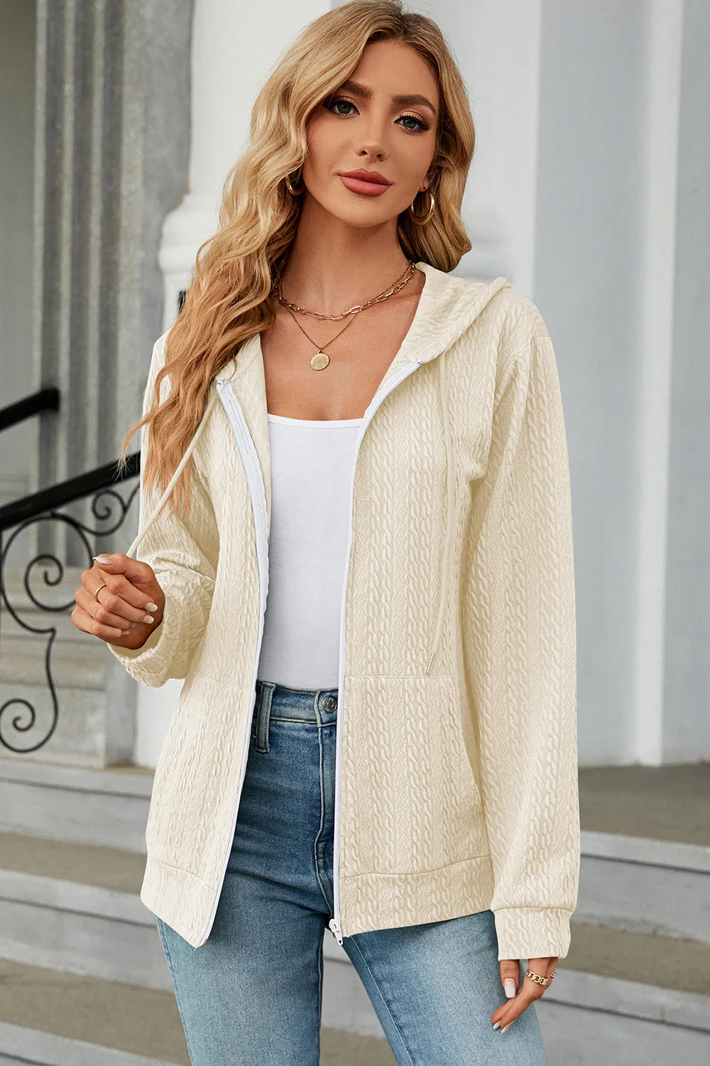 Drawstring Zip Up Long Sleeve Hoodie, image 23
