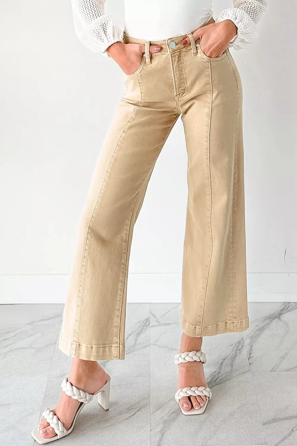 Solid Color Seamed Center Wide Leg Cropped Jeans, image 3