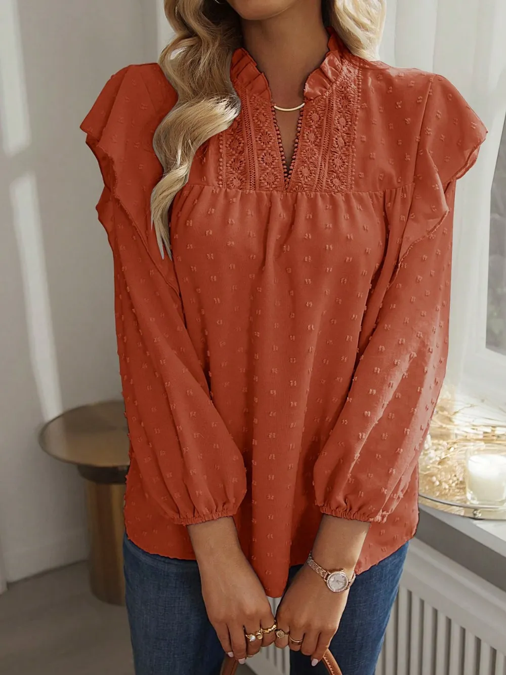 Swiss Dot Ruffled Long Sleeve Blouse, image 21