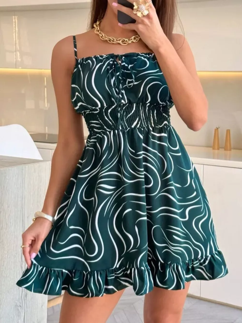Spaghetti Strap Ruffle Hem Mini Dress with Abstract Print, image 13
