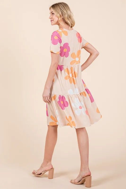 Floral Round Neck Short Sleeve Tiered Dress, image 3