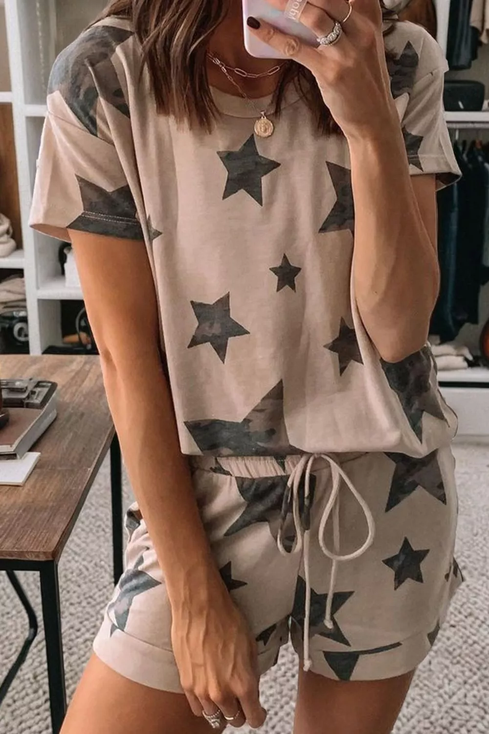 Camo Star Print Tee and Shorts Lounge Set, image 5