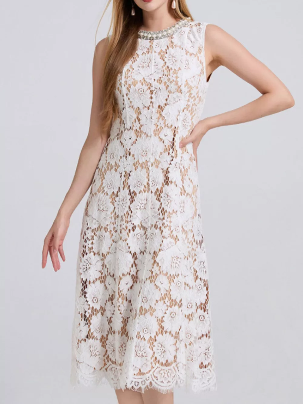 Pearl Neckline Sleeveless Lace Dress, image 2