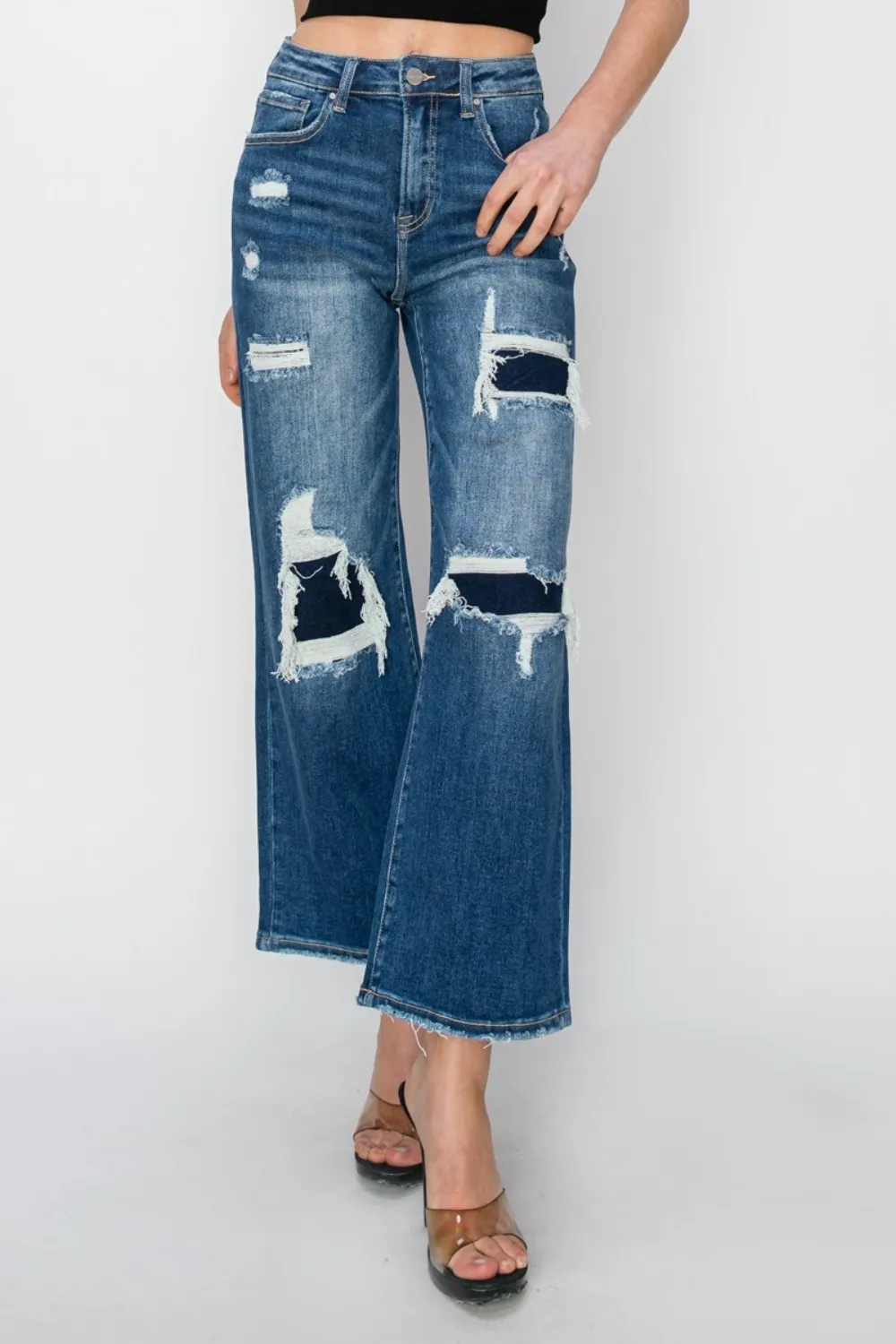 Full Size High Rise Patch Detailed Wide Leg Crop Jeans, image 4