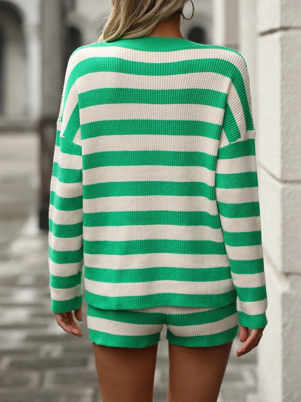 Striped Round Neck Top and Shorts Sweater Set, image 4
