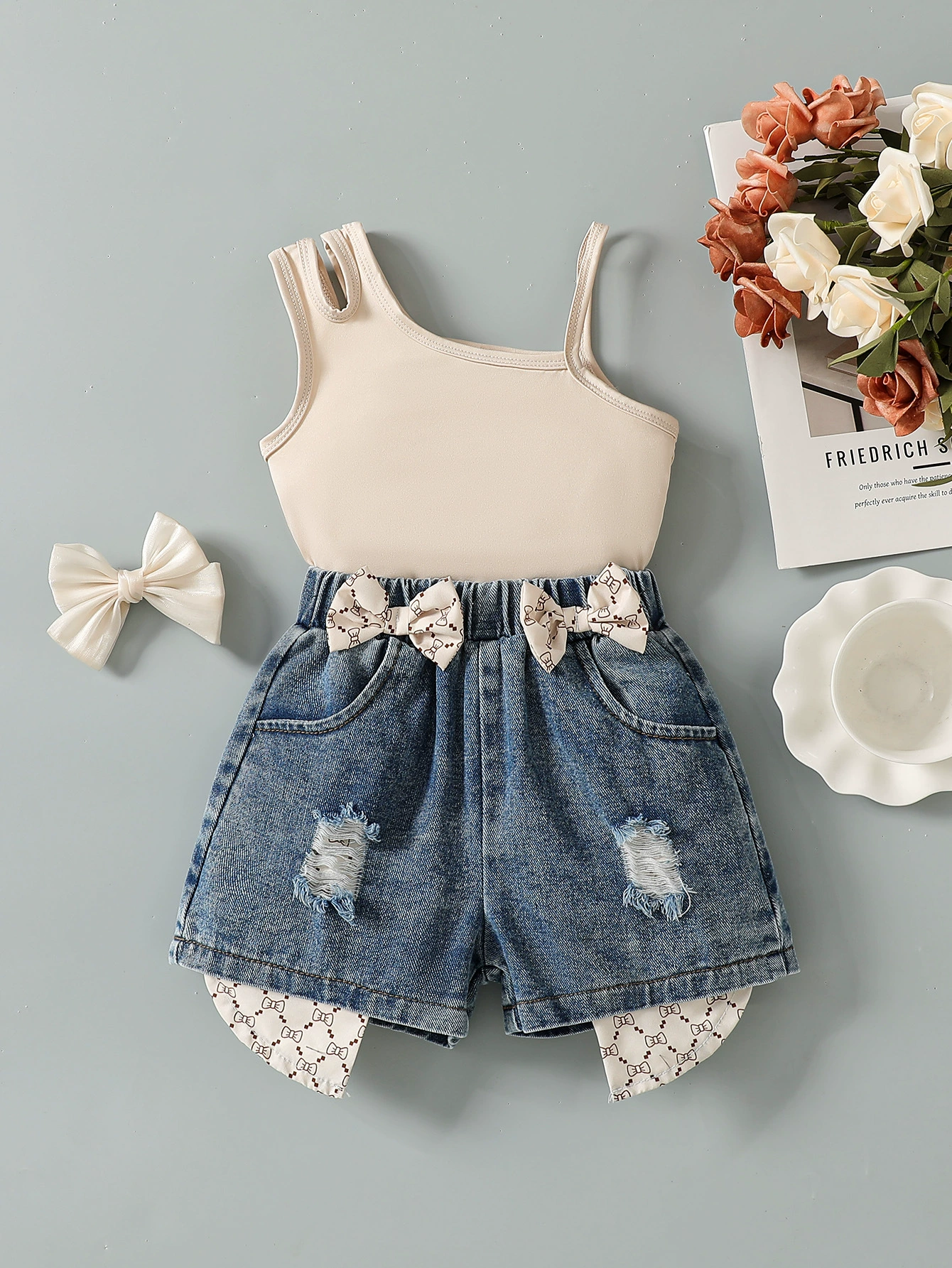 Children's Asymmetrical Tank Top & Bow-Accent Denim Shorts Set, image 2