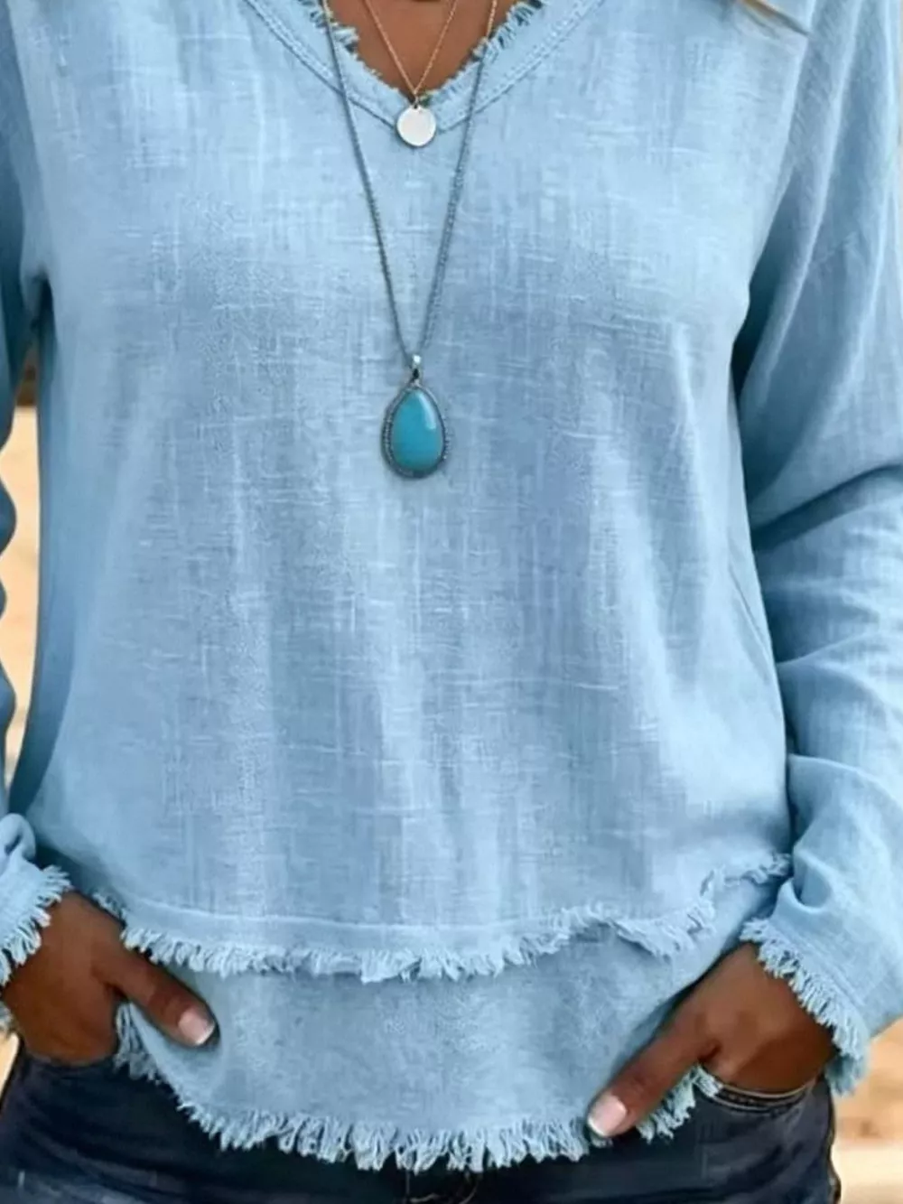 V-Neck Frayed Hem Long Sleeve T-Shirt, image 12