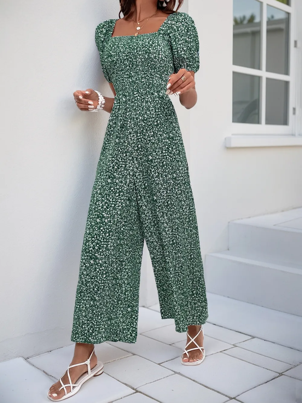 Printed Square Neck Puff Sleeve Jumpsuit, image 4