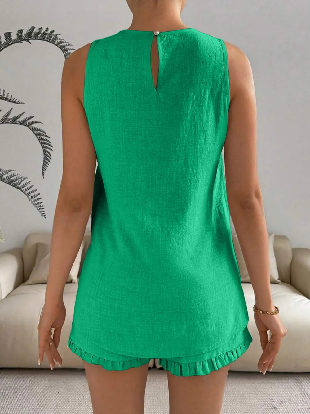 Lace Detail Round Neck Tank and Shorts Set, image 2