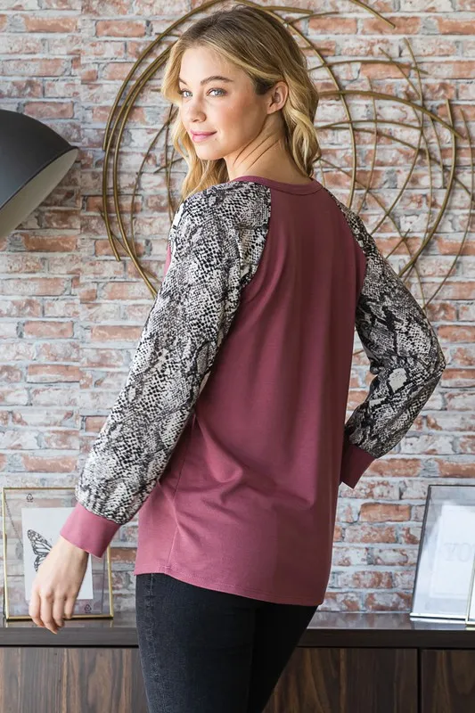 Full Size Snakeskin Print Raglan Sleeve Half Button Top, image 2