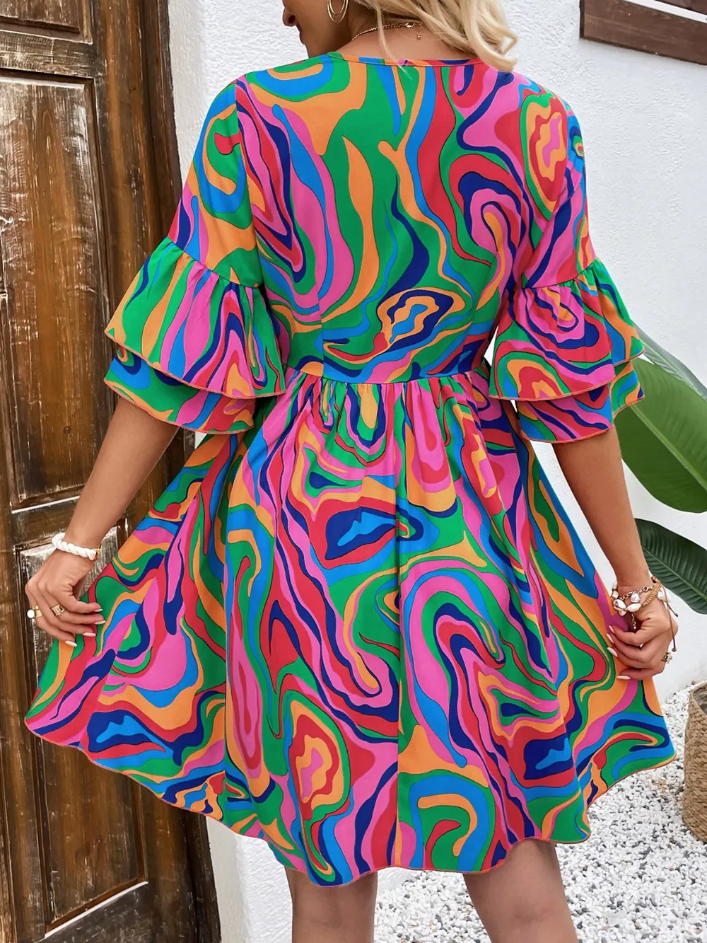 Ruffled Printed V-Neck Half Sleeve Mini Dress, image 2
