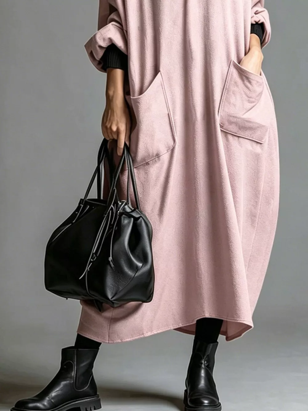 Full Size Loose-Fit Mock Neck Midi Dress with Pockets Plus Size, image 31