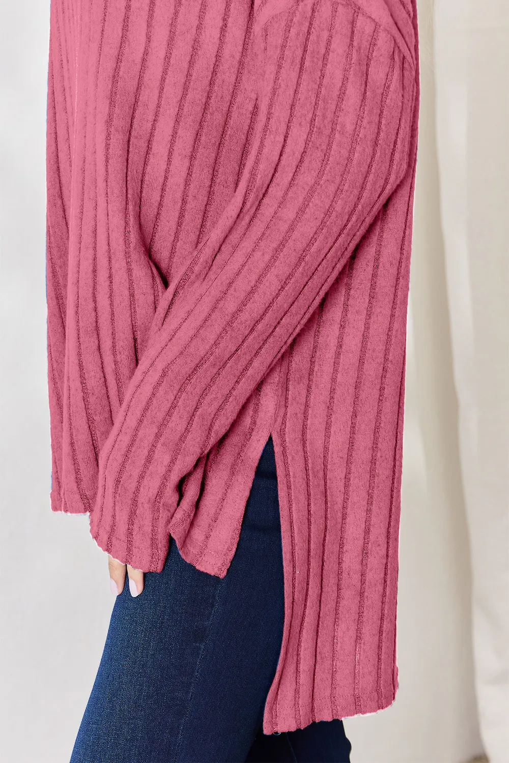 Full Size Ribbed Half Button Long Sleeve High-Low T-Shirt, image 3