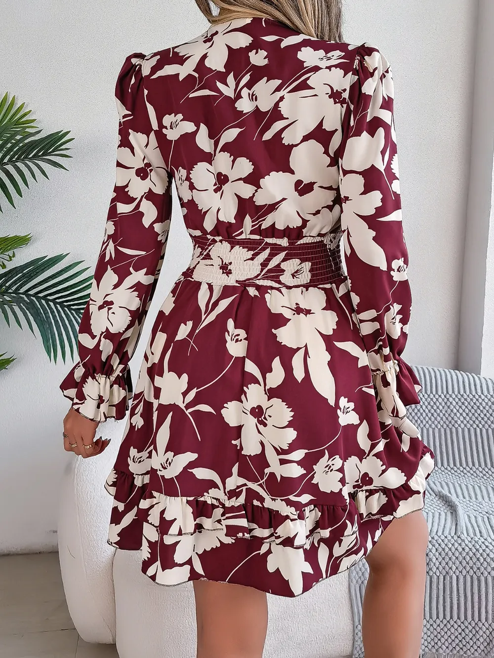 Tied Ruffled Printed Long Sleeve Dress, image 4