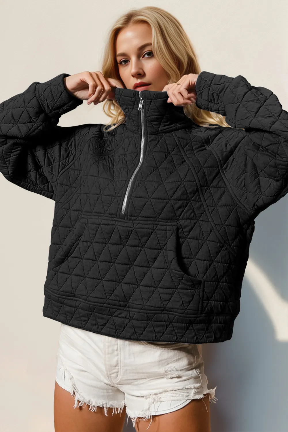 Half Zip Long Sleeve Quilted Sweatshirt with Pocket, image 5