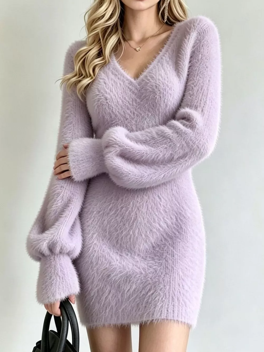 V-Neck Fuzzy Knit Sweater Dress, image 5