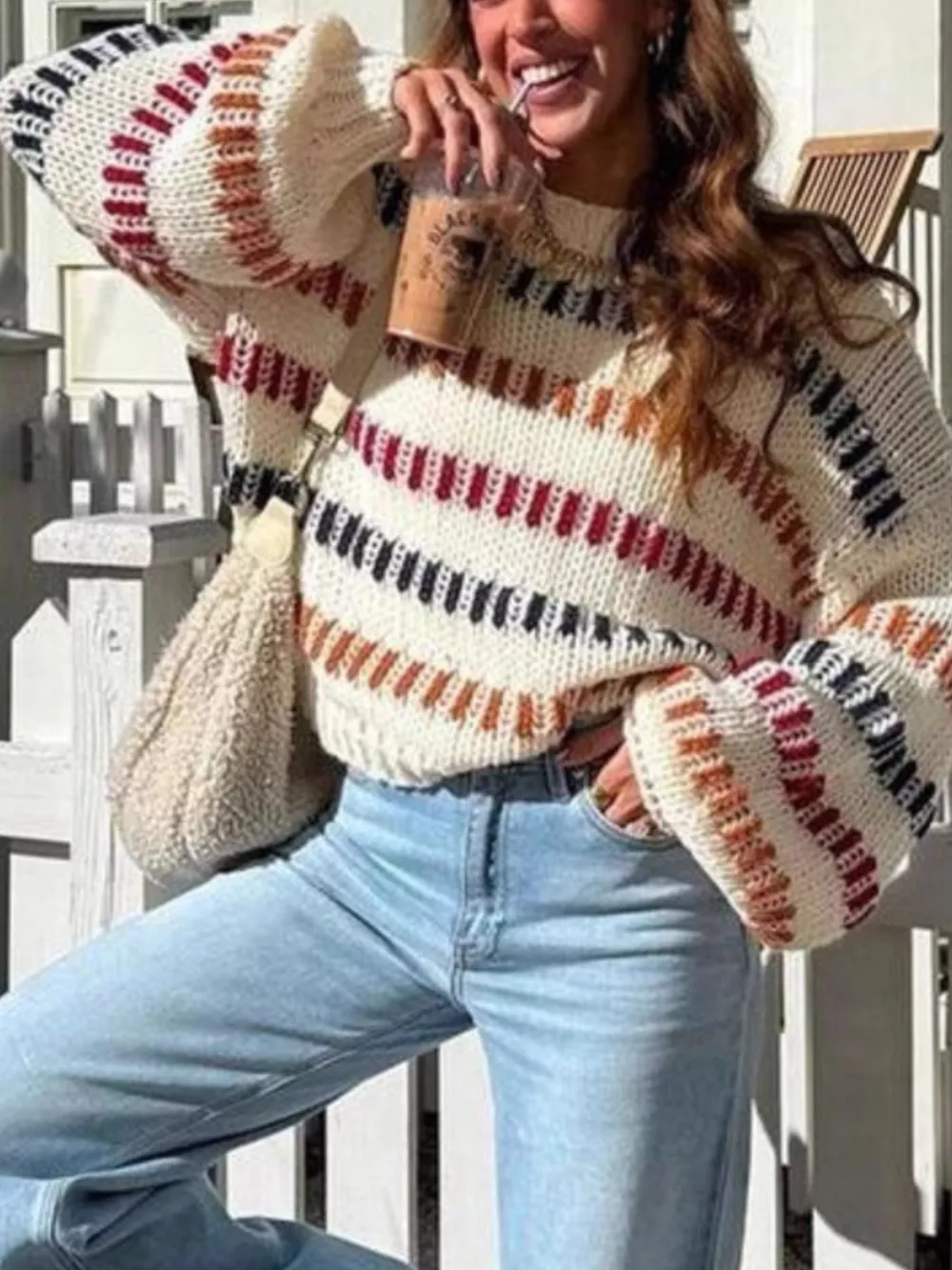 Striped Round Neck Long Sleeve Sweater, image 4