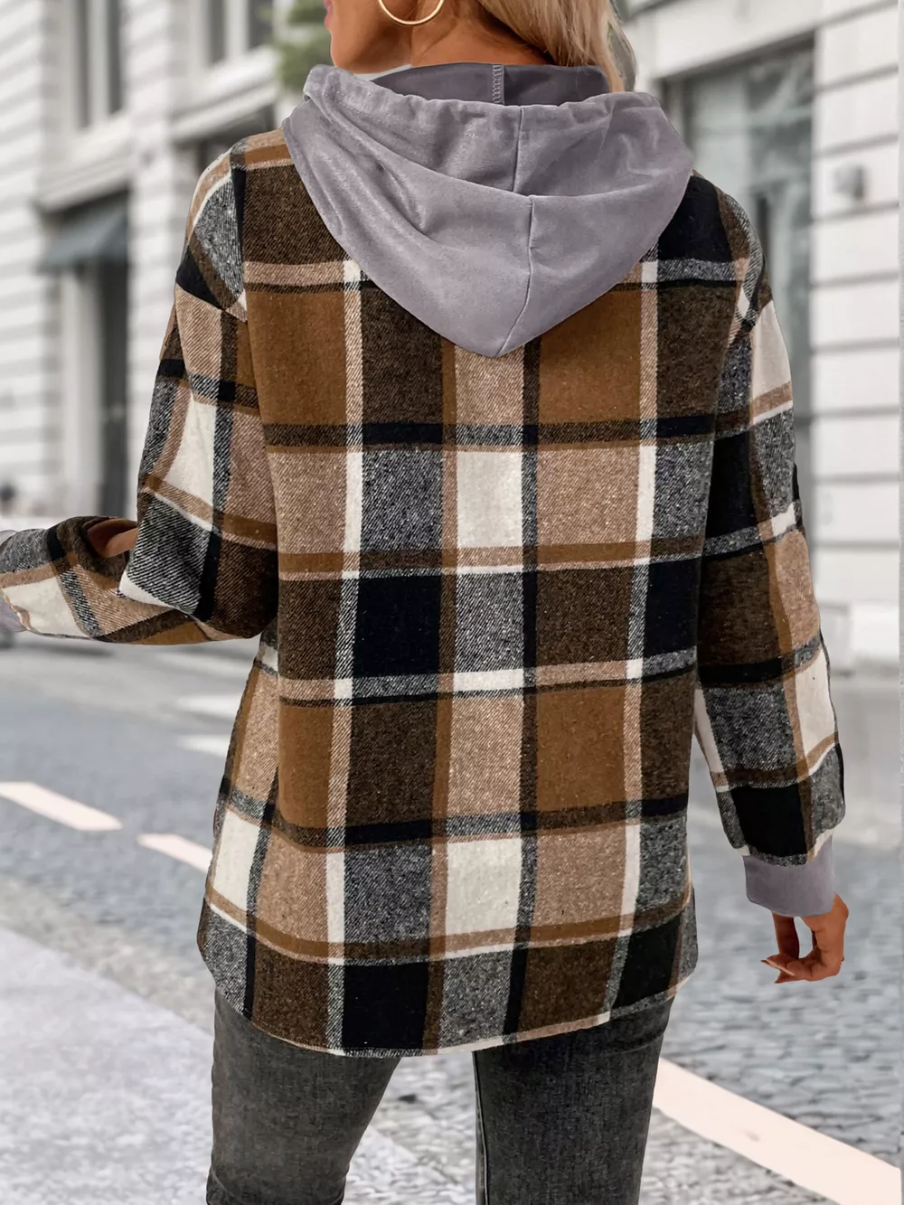 Plaid Drawstring Long Sleeve Hoodie, image 3