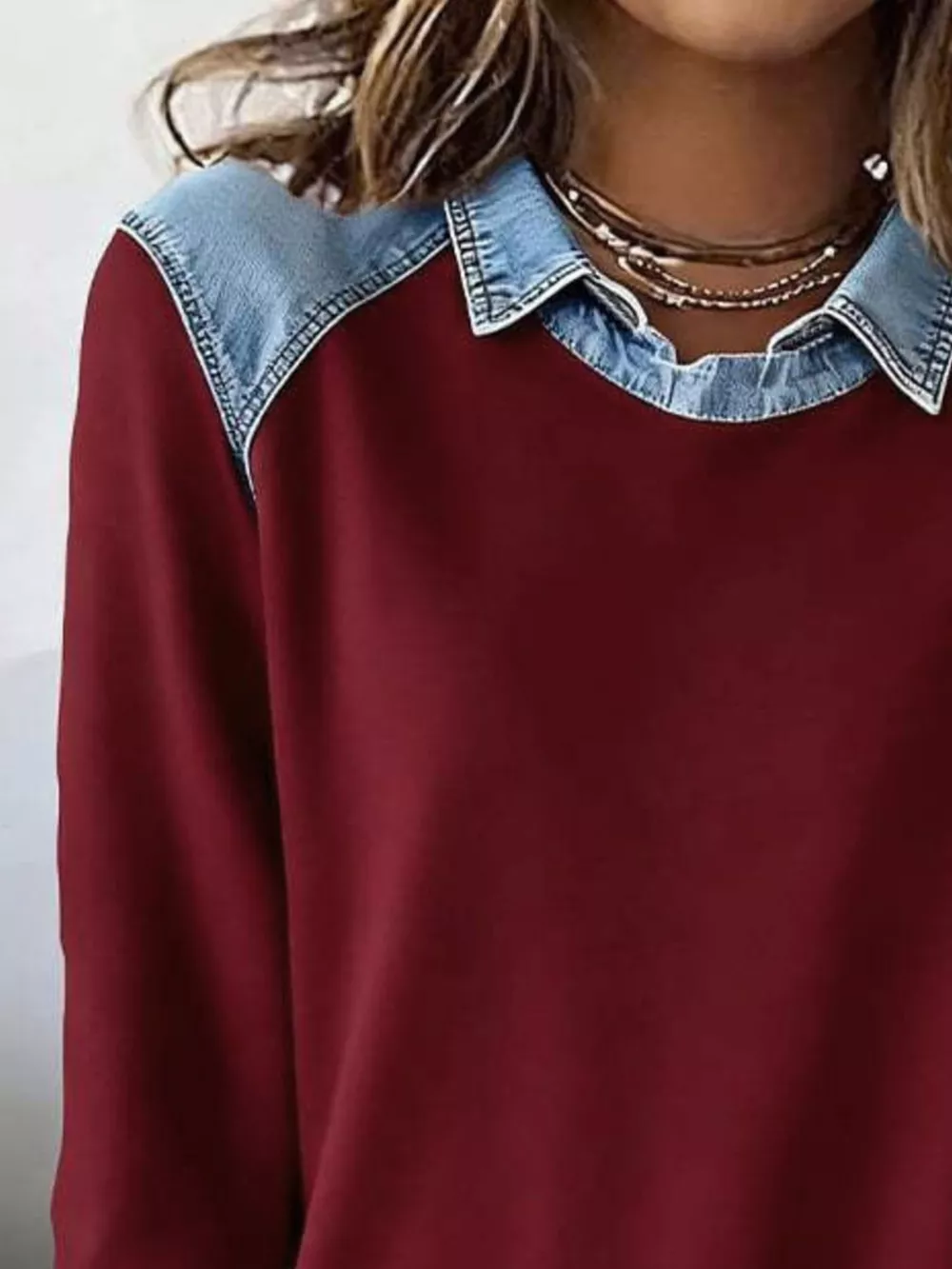 Full Size Denim Trim Long Sleeve Top Plus Size, image 2