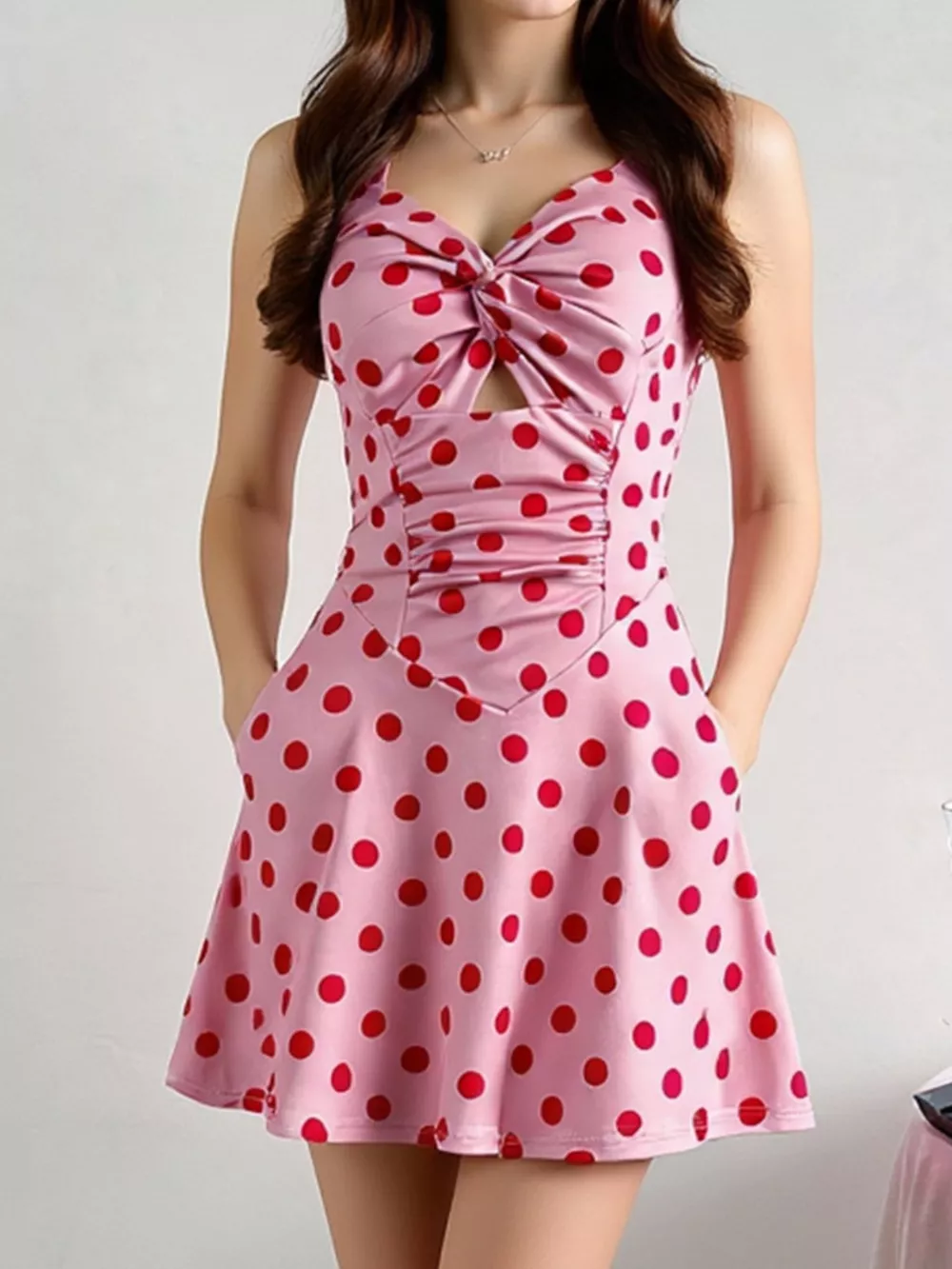 Polka Dot Halter Neck Twisted Front Mini Dress, image 2
