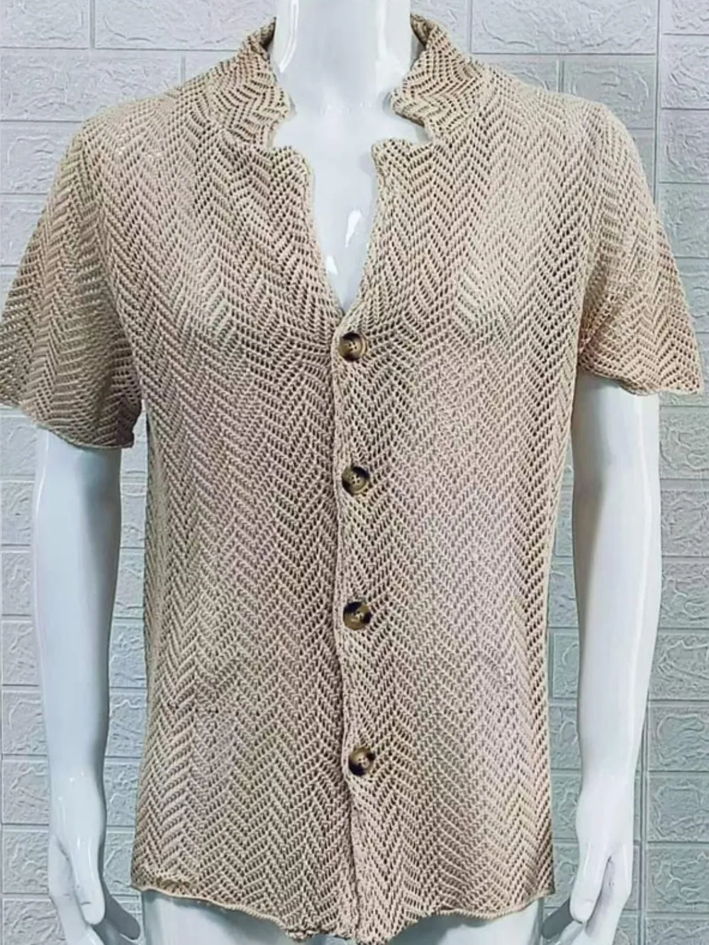 Men's Plus Size Herringbone Eyelet Button Down Knit Shirt, image 3