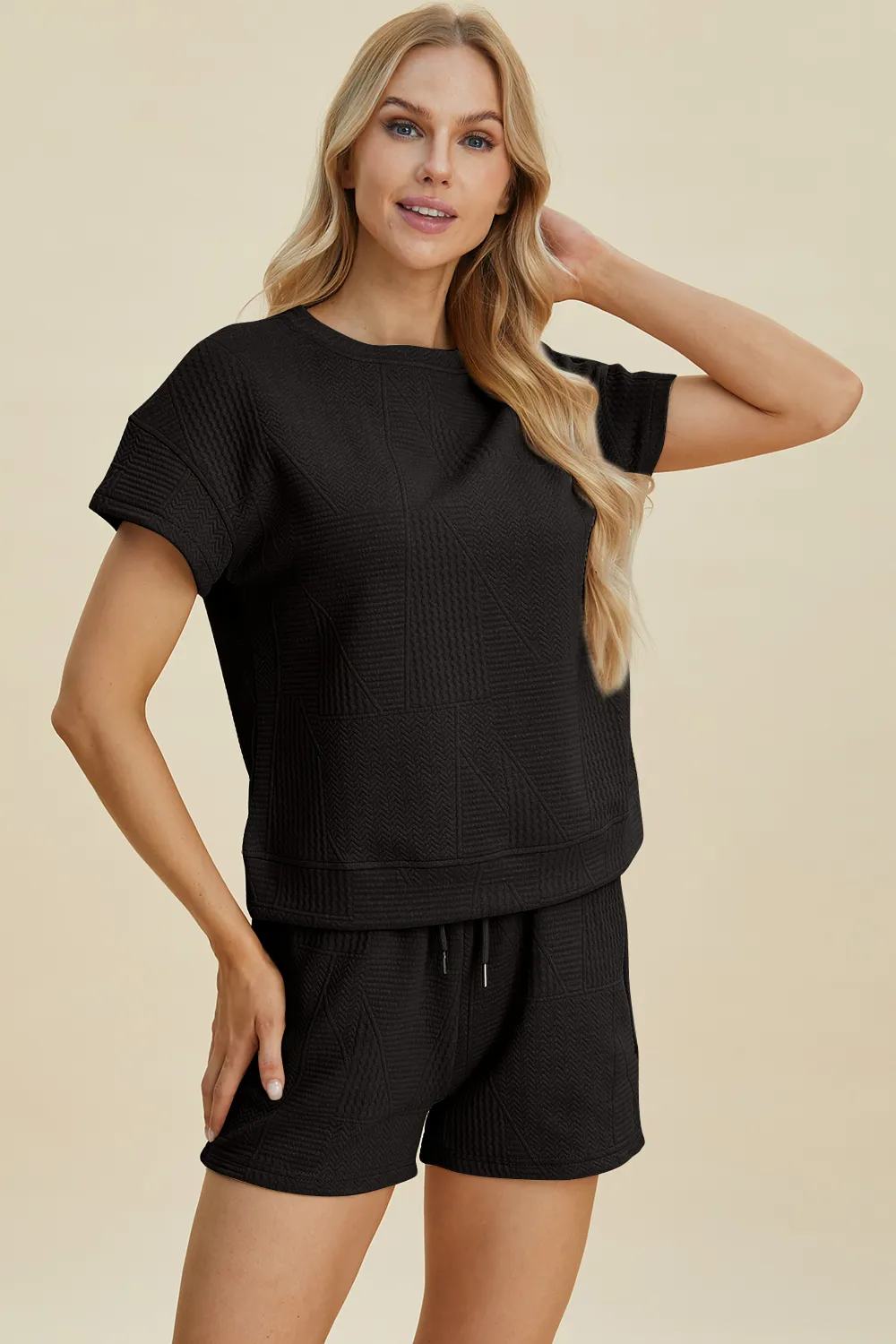 Full Size Texture Short Sleeve Top and Shorts Set, image 3