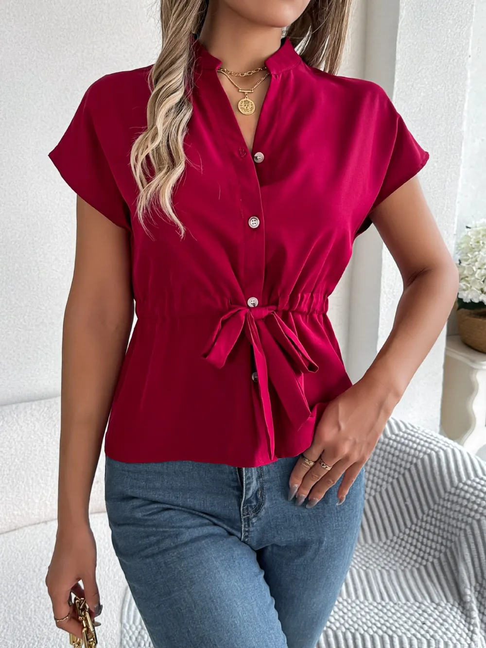 Notched Short Sleeve Blouse, image 13