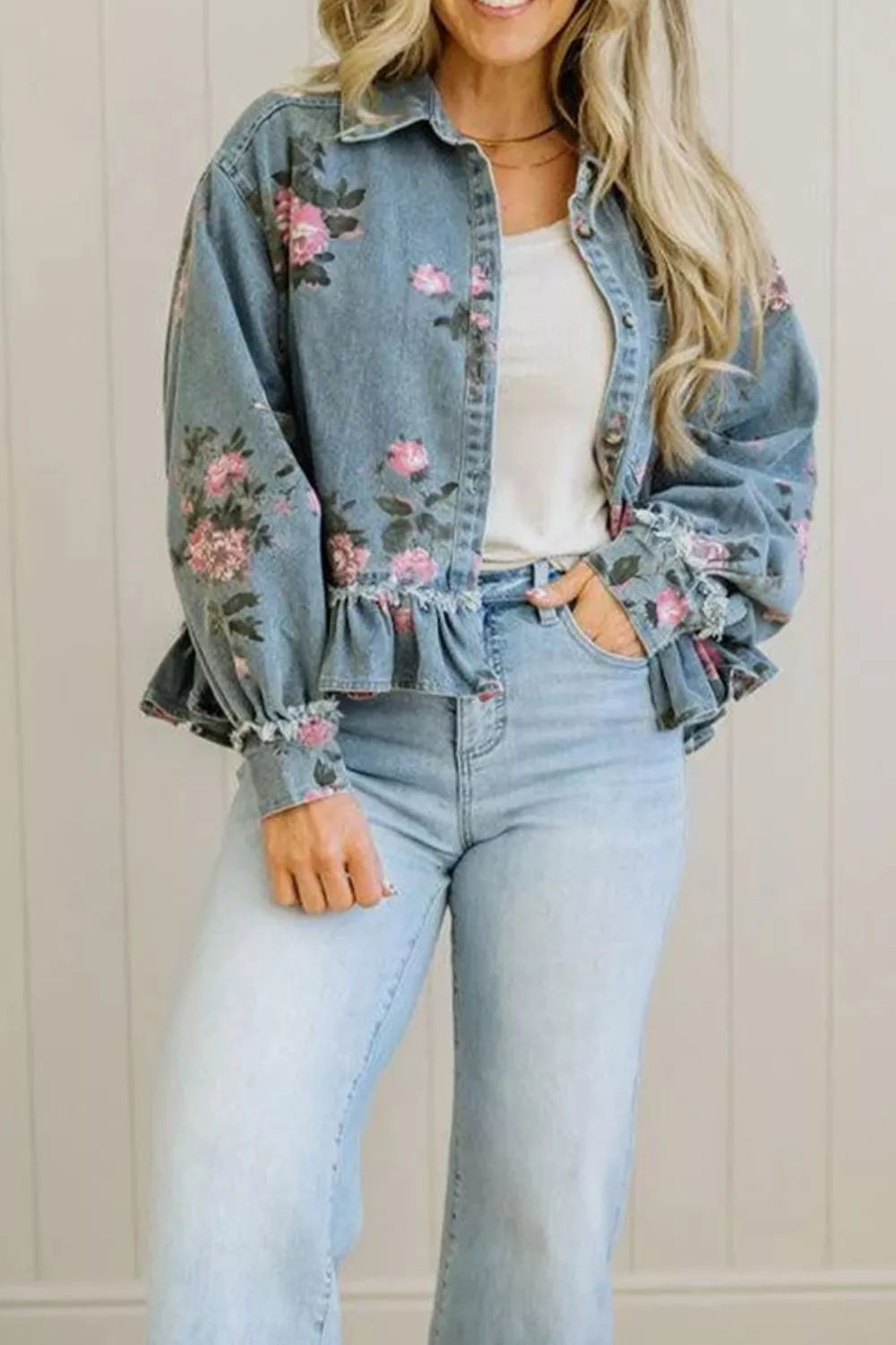 Floral Print Denim Jacket with Ruffled Hem, image 4