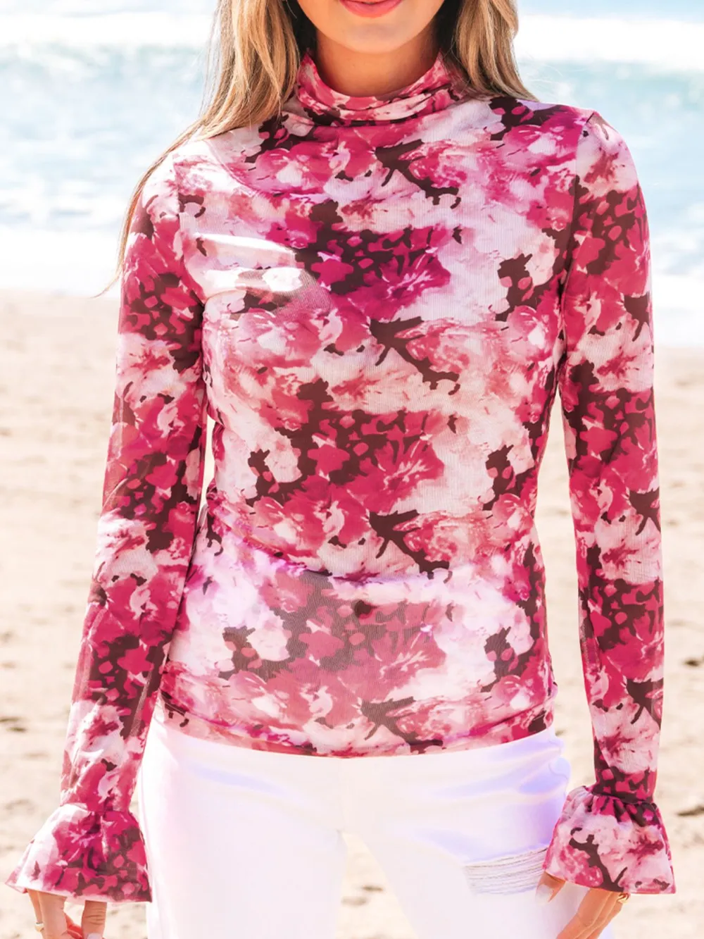 Floral Mesh Flounce Sleeve Mock Neck Blouse, image 2
