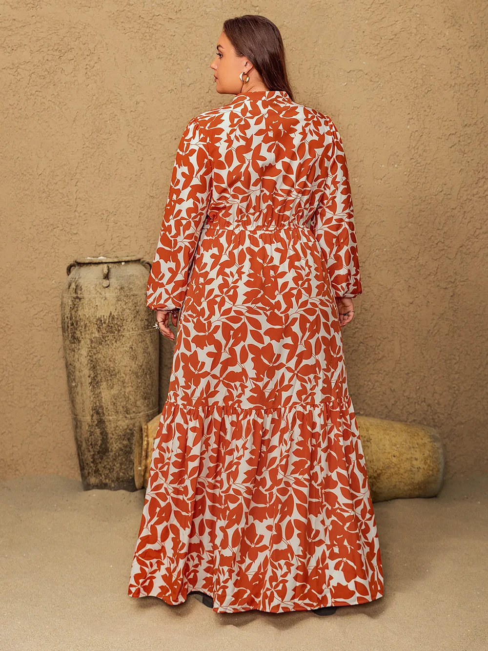 Plus Size Printed Notched Long Sleeve Maxi Dress, image 2