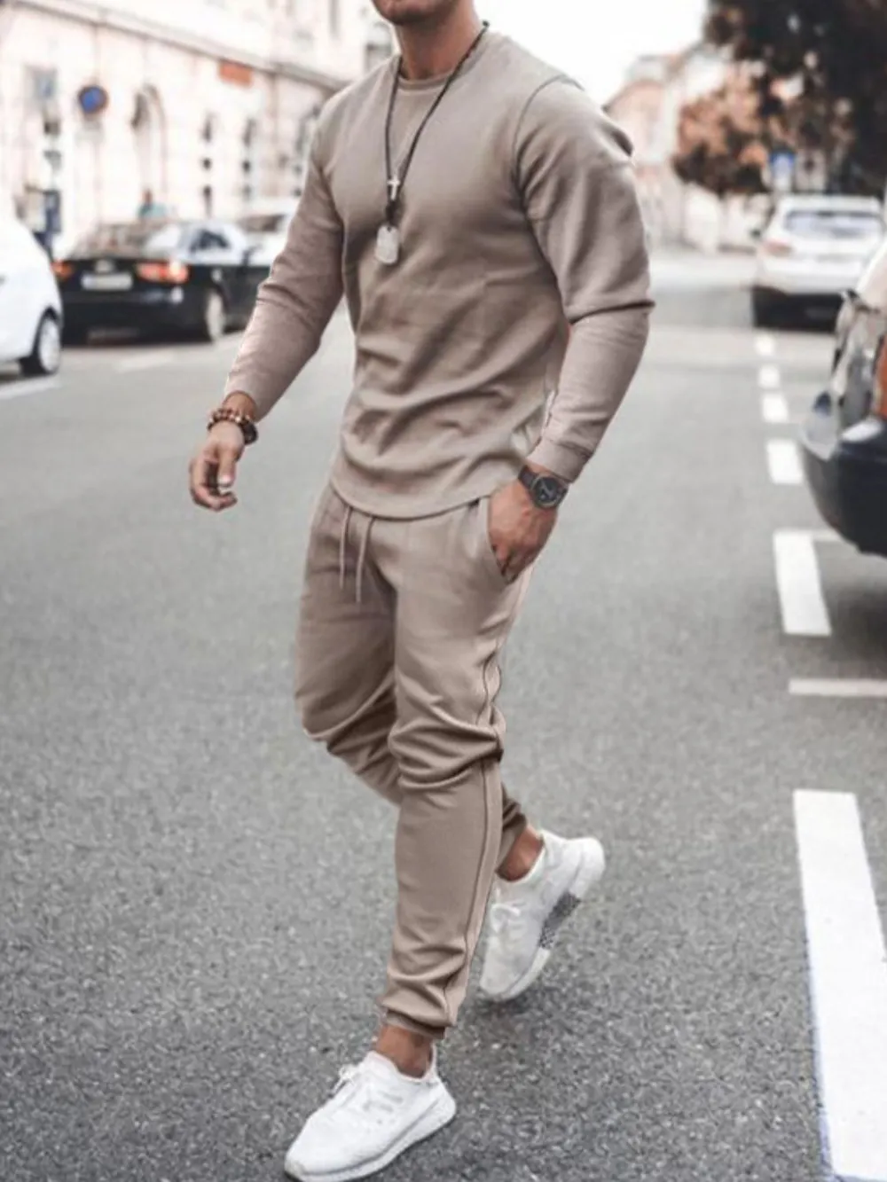 Men's Full Size Round Neck Long Sleeve Top and Pants Set Plus Size, image 3