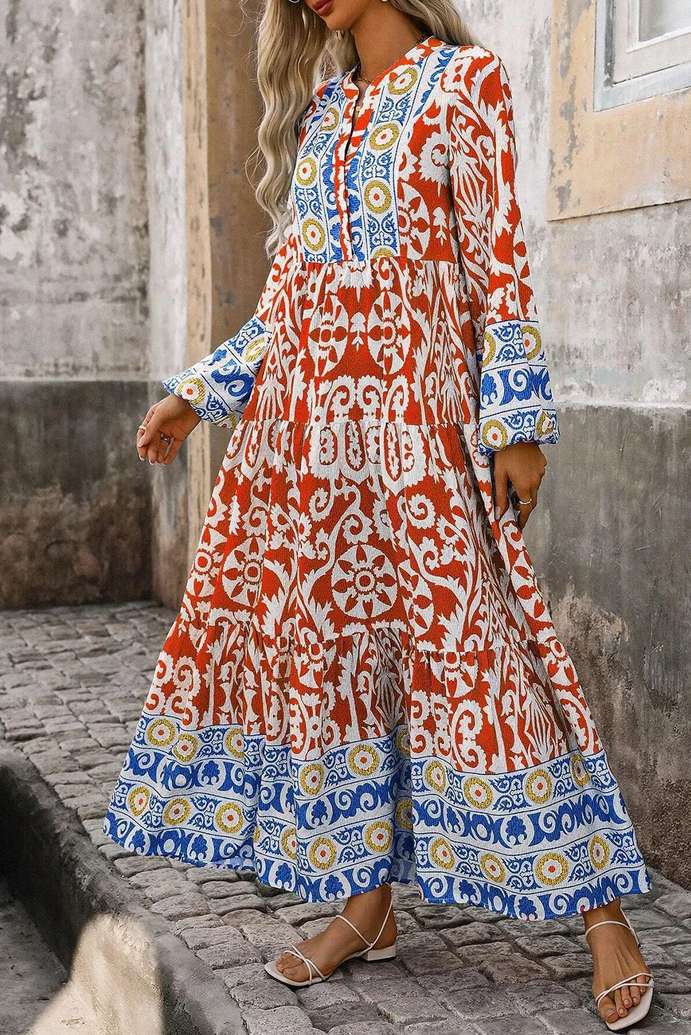 Printed Notched Long Sleeve Maxi Dress, image 2